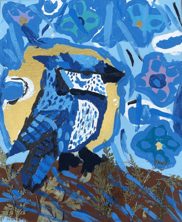 This painting features a blue bird mixed media painting with real leaves and acrylic paints.